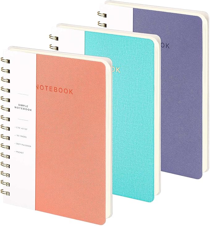 Spiral Notebook-5.75" x 8.125" College Ruled Journal with Inner Pockets and 160 Pages,PU Leather Cover Business Journal, Twin-Wire Binding Notebook Perfect for Office & Home School Supplies 3 pack Pink/MintGreen/Violet