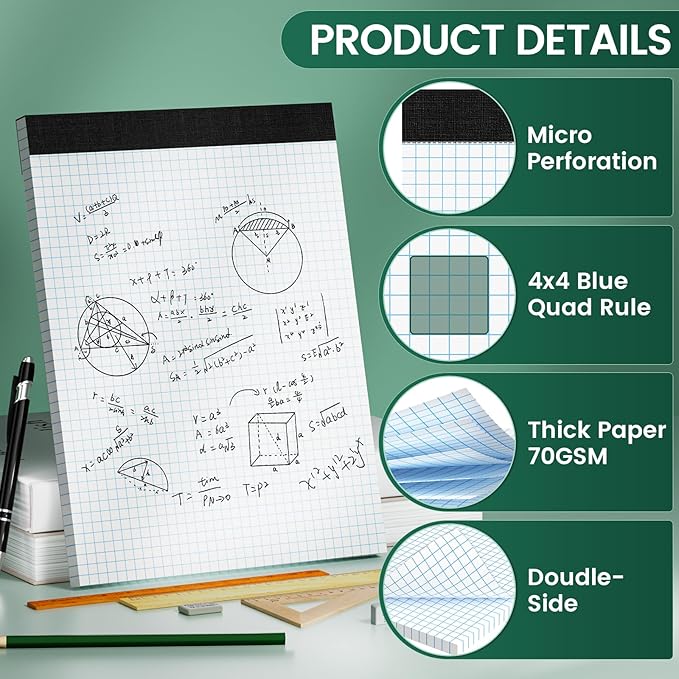 Graph Paper 8.5 X 11, 3 Pack, 4x4 Quad Ruled, Grid Paper Pad 8-1/2" X 11.75", Grid Pad 8.5 X 11.75, Engineering Notebook, Easy Tears Off, White 70 Gsm Graft Paper