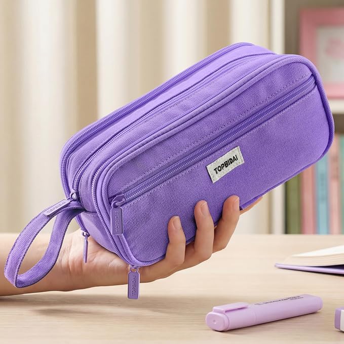 TOPBIDAI Large Pencil Case Pouch for Girls Boy Women Men Adults | Big Capacity Canvas Pencil Bag, Office School Supplies, Multi Compartment Zipper Stationery Pen Box(Full Purple)