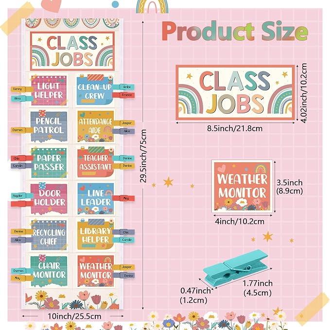 Pasimy Class Jobs Pocket Chart Class Helpers Pocket Chart Classroom Jobs Cards with Clips and Hooks Teacher's Helper Bulletin Board Set for Back to School Classroom Teacher Supplies (Rainbow)