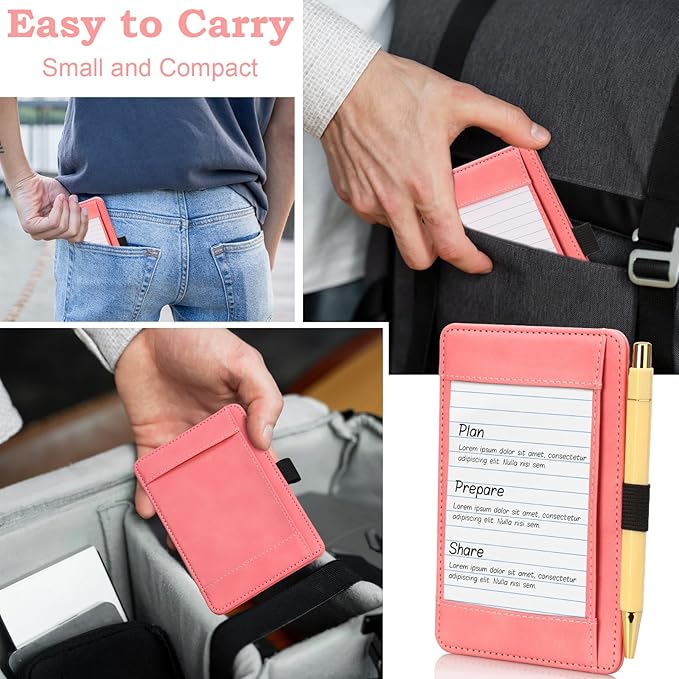 Leather Index Card Holder 3.8x6 Pink 3 x 5 PU Card Wallet Portable Pocket Notepad Holder with 25 Lined Sheets Mini Note Card Holder Writing Case with Card Slot Note Card Case for Record Sports No Pen