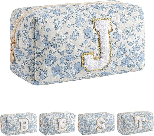 JOVAKIT Alphabet Makeup Bag Cosmetic Bag for Women, Christmas Gifts for Girls Age 6-18, Floral Flowers Coquette Travel Toiletry Zipper Make Up Pouch Organizer Trendy Stuff (Blue Floral J)