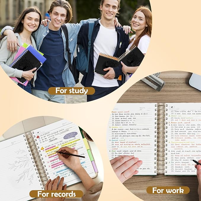 QIYVLOS Hardcover Spiral Notebook, A5 Journal with Removable Dividers Tabs, 5 Subject Notebook College Ruled, 320 Pages 6"x8" Leather Notebooks for Work School Study, Lined Journal for Women, Black