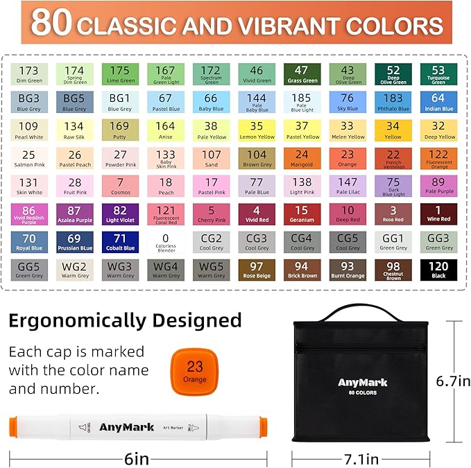 AnyMark Alcohol Markers, 80 Colors Dual Tip Art Coloring Markers Set for Adult Book Drawing Sketching Painting, Chisel & Fine, White Penholder