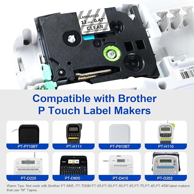 5X Replace for Brother P-Touch Label Tape Clear Laminated 12mm 0.47 TZe-131 | Compatible with Brother Label Maker Tape 1/2 Inch Black on Clear TZe131 for PT-D210 D220 H110 D410 610BT 710BT H111 1280 1880