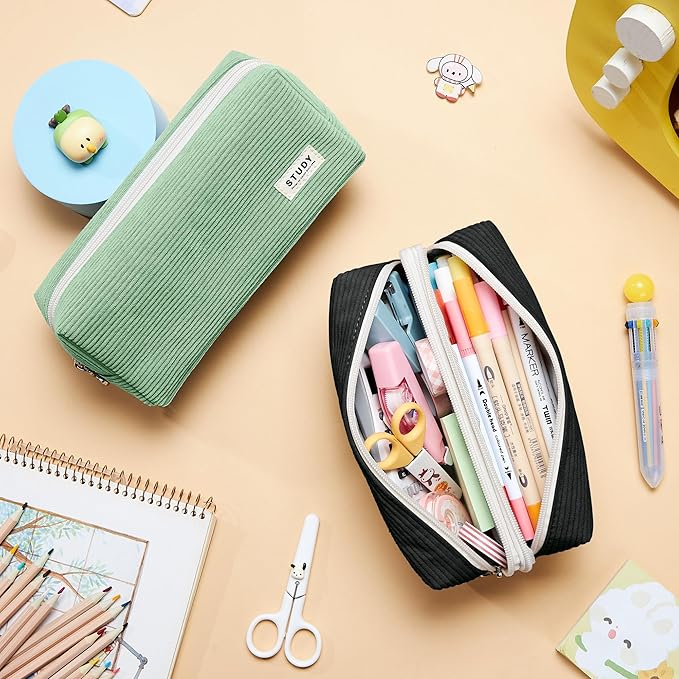 KALIDI Large Pencil Case Corduroy Pencil Pouch Box Cute School Supplies for Teen Girls Boys, Black