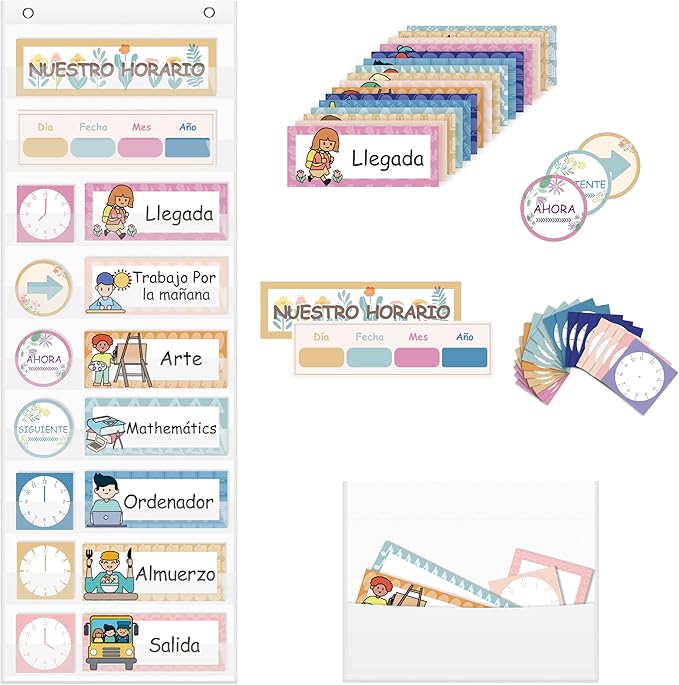 Daily Schedule Pocket Chart, Visual Schedule with 42 Reusable Dry-Eraser Cards, Visual Schedule for Kids, Classroom Schedule, Suitable for Classroom, Office, Home, Pre-School Education, Spanish