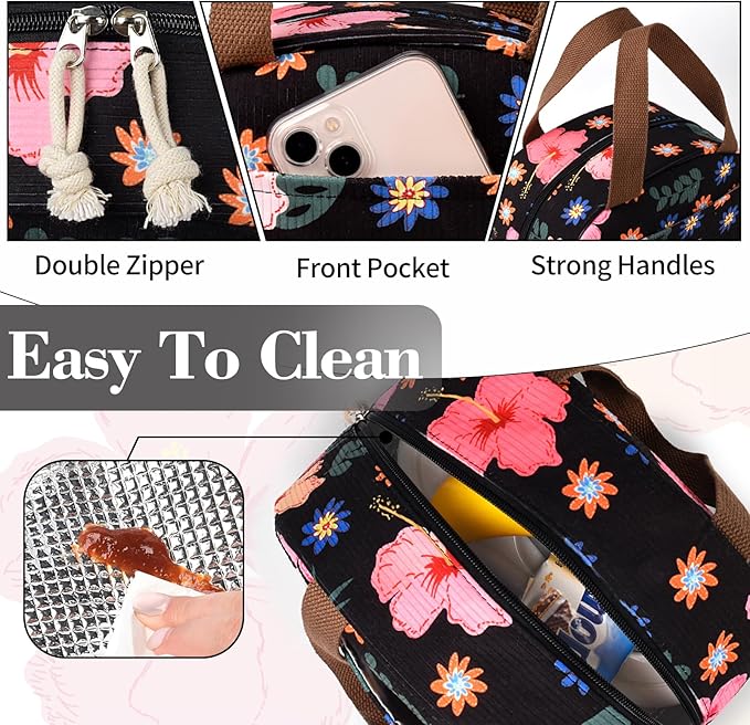 CaCTOUR Large Lunch Box for Women, Cute Lunch Box Cooler Bag, Portable Insulated LunchBox Reusable Corduroy Lunch Tote for Work/Travel/Picnic (Flower)