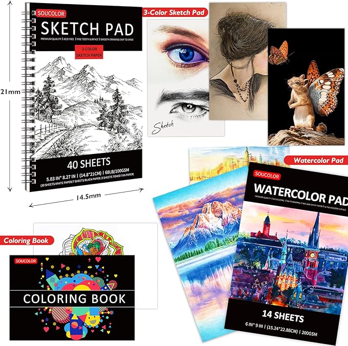Soucolor Art Supplies, 76 Pack Drawing Set Sketching Kit, Gifts Box for Artist Adult : 3-Color SketchBook, Watercolor Pad, Coloring Book, Charcoal Colored Watercolor Metallic Pencils
