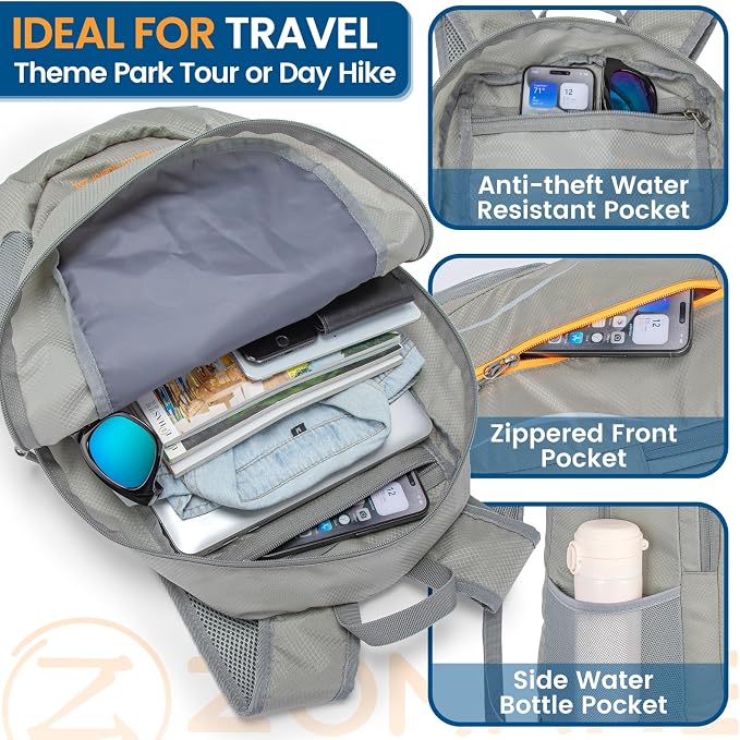 ZOMAKE Lightweight Packable Backpack 25L, Foldable Hiking Daypack | Water Resistant Small Folding Backpacks for Travel, Everyday Carry, Multi-Pocket Layout, Breathable Shoulder Strap