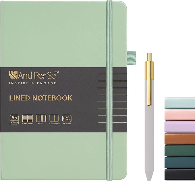 &And Per Se Lined Journal and Pen Set, A5 Leather Hardcover Notebook with Pen & Stationary Set, 160 Pages 100GSM Thick Ruled Paper Journal for Business Work Writing (Light Green)