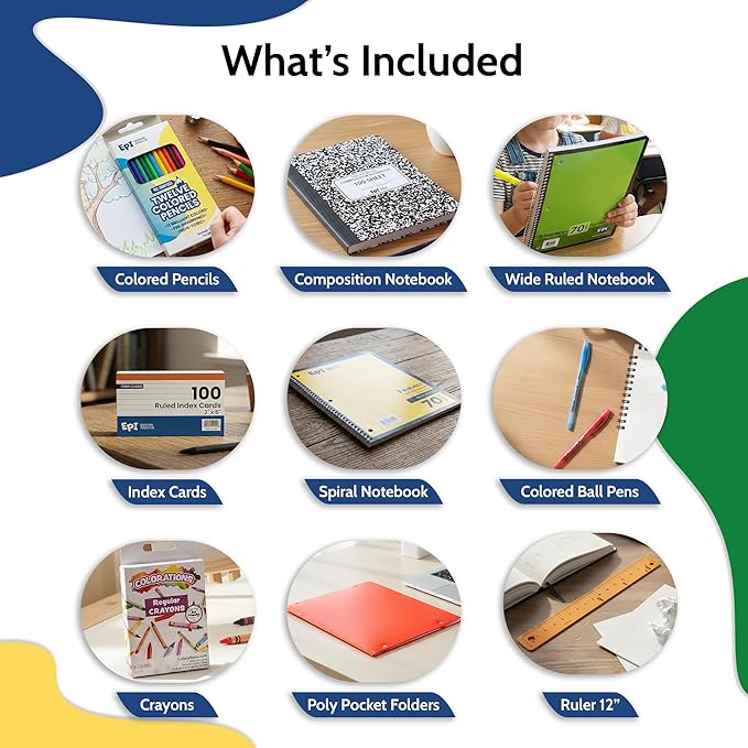 EPI Essentials Back to School Supplies for Kids – 50 Items in Kit – Kindergarten to 12th Grade School Supply Packs – Wide-Ruled Bundle with Composition Notebooks – Suitable for Homeschooling