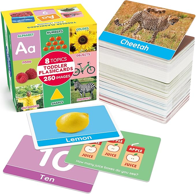 BenBen Flash Cards for Toddlers, Extra Thick, 250 Images, Double-Sided Educational Flashcards, Alphabet, Number, Animal, Shape, Color, Preschool Learning Activities, Gift for Kids 1 2 3 4 Years