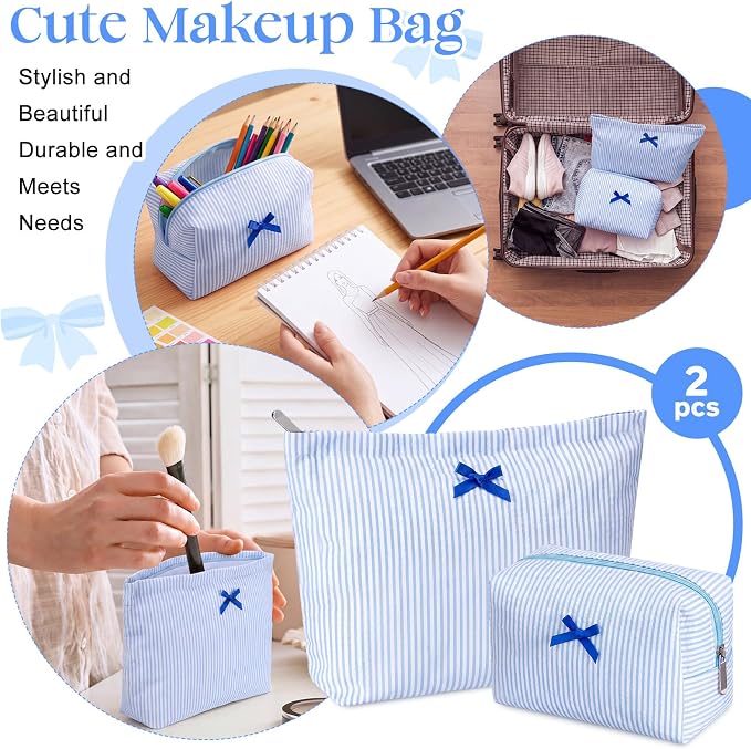 Huhumy 2 Pcs Bow Tie Makeup Bag Set, Stripe Cosmetic Pouch for Women, Seersucker Travel Toiletry Bag, Preppy Makeup Purse Pouch, Aesthetic Skincare Brushes Storage Organizer for Women Gifts(Blue)