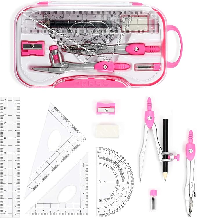 Unjoo Math Geometry Kit Sets 10 Piece Student Supplies with Shatterproof Storage Box,Includes Rulers,Protractor,Compass,Eraser,Pencil Sharpener,Lead Refills,Pencil,for Drafting and Drawings（Pink）