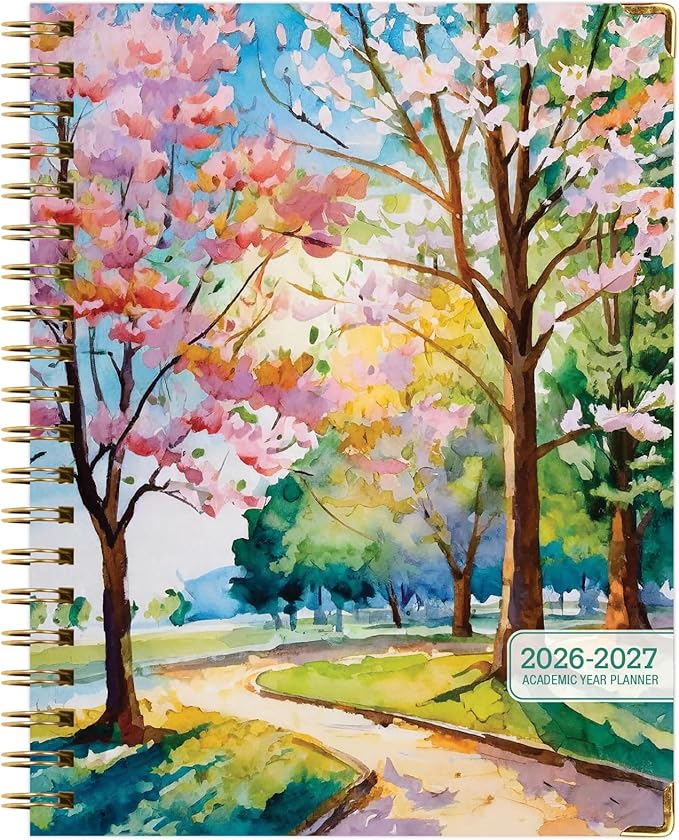 HARDCOVER Academic Year 2026-2027 Planner: 14 Months (May 2026 Through June 2027) 8.5"x 11" Daily Weekly Monthly Planner Yearly Agenda. Bookmark, Pocket Folder and Sticky Note Set (Watercolor Tree)