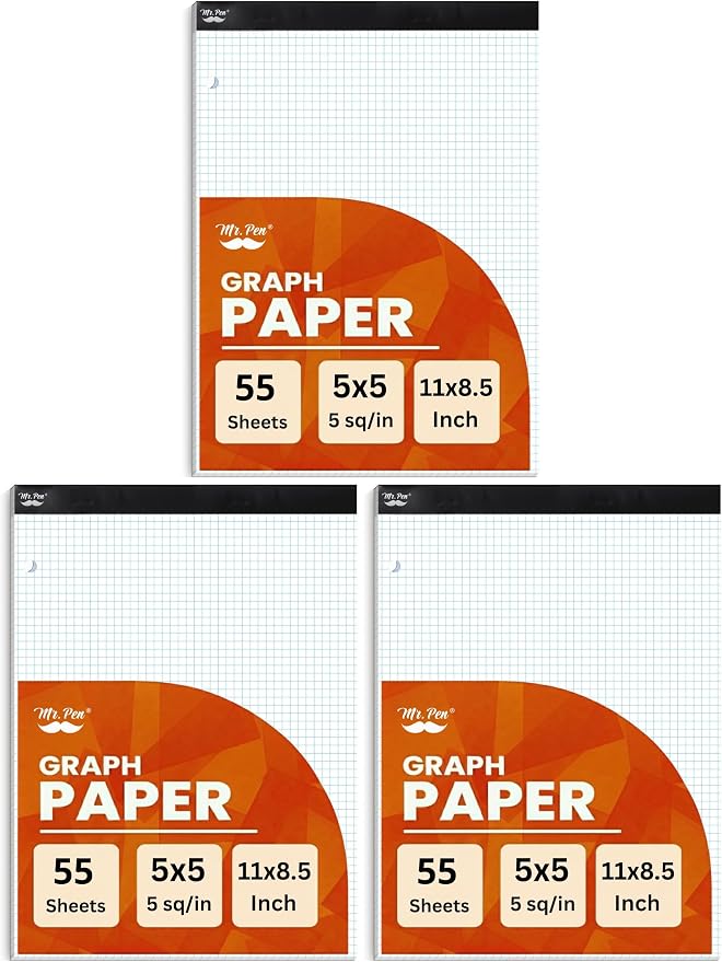 Mr. Pen- Graph Paper Pad, 8.5x11 Inches, 5x5 (5 Squares per Inch) (Pack of 3)