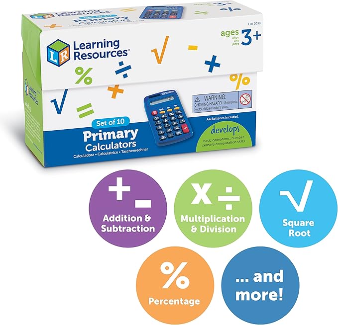 Learning Resources Primary Calculator - Basic Solar and Battery Powered Calculators for Students, Teach Basic Math Operations, School Supplies, Classroom Must Haves for Teachers, Back to School