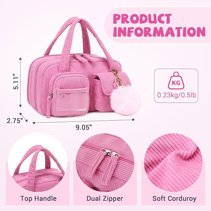 Pencil Case Corduroy Multiple Compartments Pouch Bag for Girl, Hot Pink
