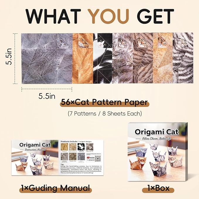 DIY Paper Craft Kit, 3D Cats Origami Paper 56 Sheets, Art Craft Activity Origami Kit Desk Decoration, Gift for Kids Adults Pet Lovers