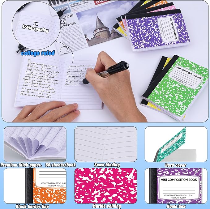 72 Pack 4.5" x 3.25" Mini Composition Notebooks Bulk 8 Colors College Ruled Half Composition Notebook Narrow Ruled Small Pocket Marble Journal 60 Sheets for Students Office School Supplies