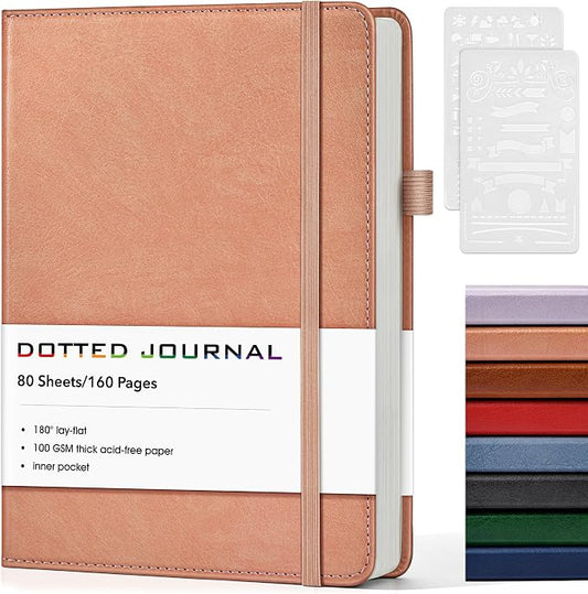 Dotted Journal Notebook, A5 Leather Hardcover, 160 Pages, 180° Lay-Flat Binding, 100 GSM Thick Paper, Dot Grid for Bullet Journaling, Planning & Daily Organization (Pink)
