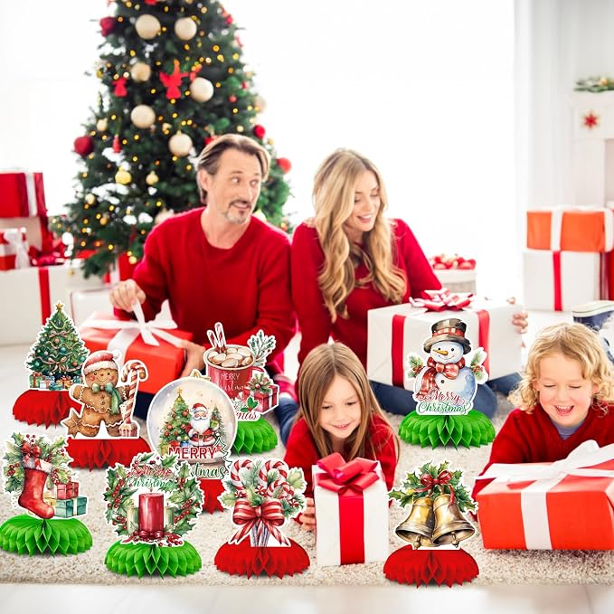 Christmas Party Centerpieces,9Pcs Christmas Honeycomb Centerpieces for Table,3D Vintage Xmas Table Decorations with Santa Claus,Christmas Tree,Snowman for Holiday Christmas Party Supplies