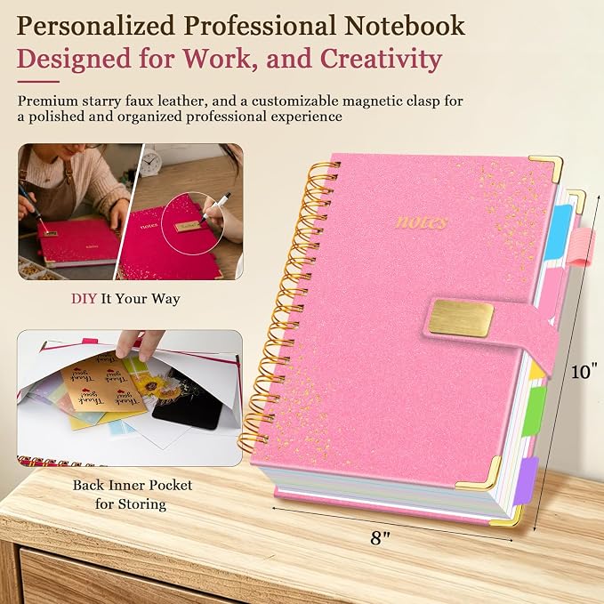 Spiral Notebook Journal 8''x 10'' 5 Subject Notebook with Dividers, 300 Pages Notebook College Ruled with Magnetic Closure, B5 Tabbed Notebooks for Work School, Sparkle Journal for Women (Pink)