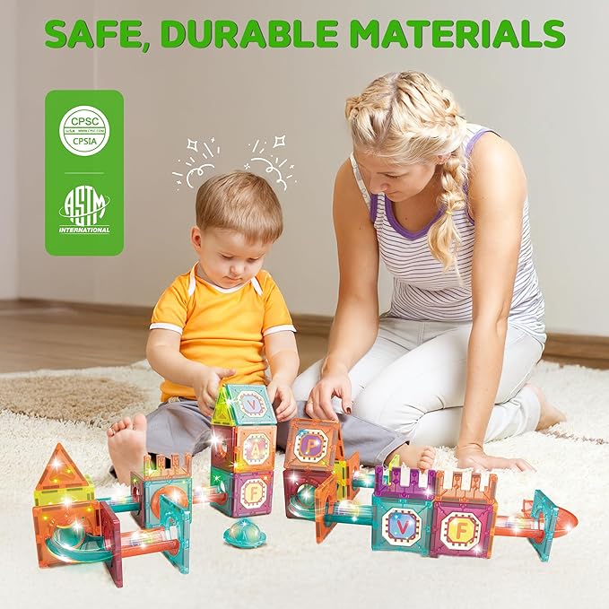 Contixo STEM Building Toys - 65 pcs Marble 3D Magnetic Run Tiles Learning Stacking Educational Building Blocks Set, Creativity Beyond Imagination, Inspirational, Recreational Toy for Kids, Ideal Gifts