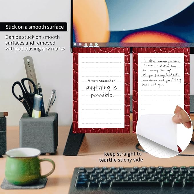 2 Pack Lined Sticky Notes 4x6 in, Cute Self-Stick Notepads with Lines, Large Memo Pads Strong Adhesive for Office, Home Red Cute Crocodile Skin