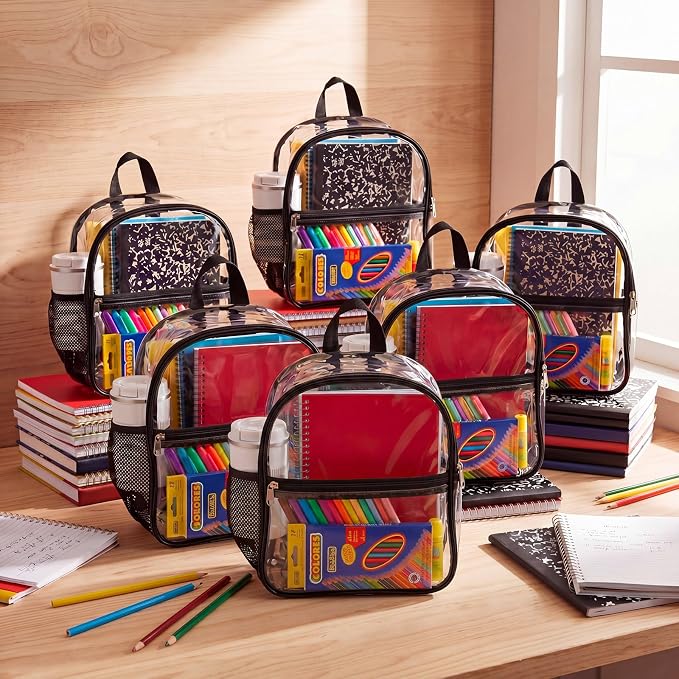 150 Pcs/ 6 Sets Back to School Supplies Bulk Clear Backpack with School Supplies Kit Backpack Composition Books Notebook Pencil Folders Scissor Sticky Notes Pad Glue for Classroom Office Budget Supply