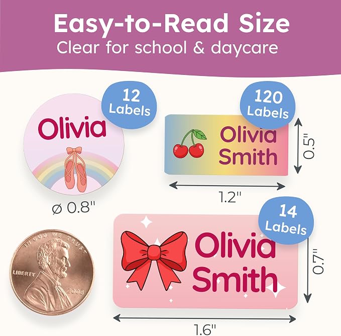 Personalized Daycare Name Labels for Kids [140pcs, Rainbow] - Waterproof Name Stickers for School, Baby Bottles & Clothing - Custom Name Stickers - Washable Stick On Labels (Various Sizes)