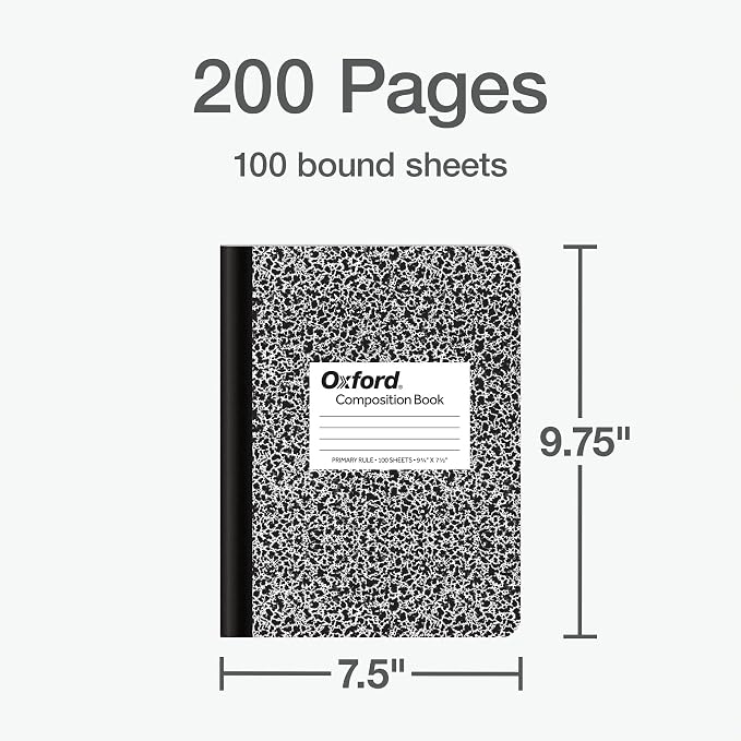 Oxford Primary Ruled Composition Notebooks, 9-3/4 x 7-1/2 Inches, Writing Practice for Kids, Grades K-2, Black Covers, 100 Sheets, (1002521), 2 Count (Pack of 12)