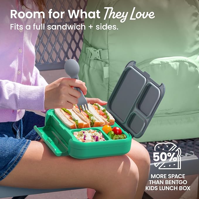 Bentgo Kids Stow & Go Leak-Proof Lunch Box with Built-In Utensil | 3.5-Cup Capacity, Removable Tray, Portion-Perfect Compartments for Kids and Teens, 2-in-1 Spoon & Fork (Gray Leaf)
