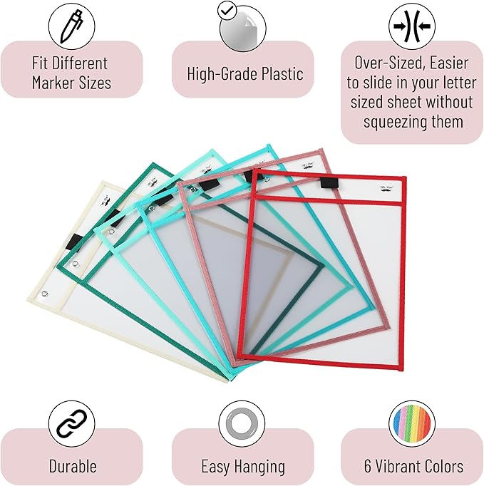 Mr. Pen- Reusable Dry Erase Pocket Sleeves, 10" x 14", 12 Pack, Colorful, Clear Plastic Paper Sleeves, Ticket Holders, Clear Plastic Sheet Protectors, Teacher, School, Classroom Supplies