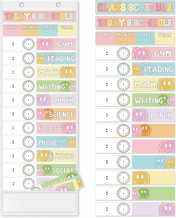 JarThenaAMCS Pastel Smile Face Daily Schedule Pocket Chart 13 x 35.5 In Glitter 13 + 1 Pocket Visual Schedule Chart Board with 24 Card for Classroom Home Office Supplies