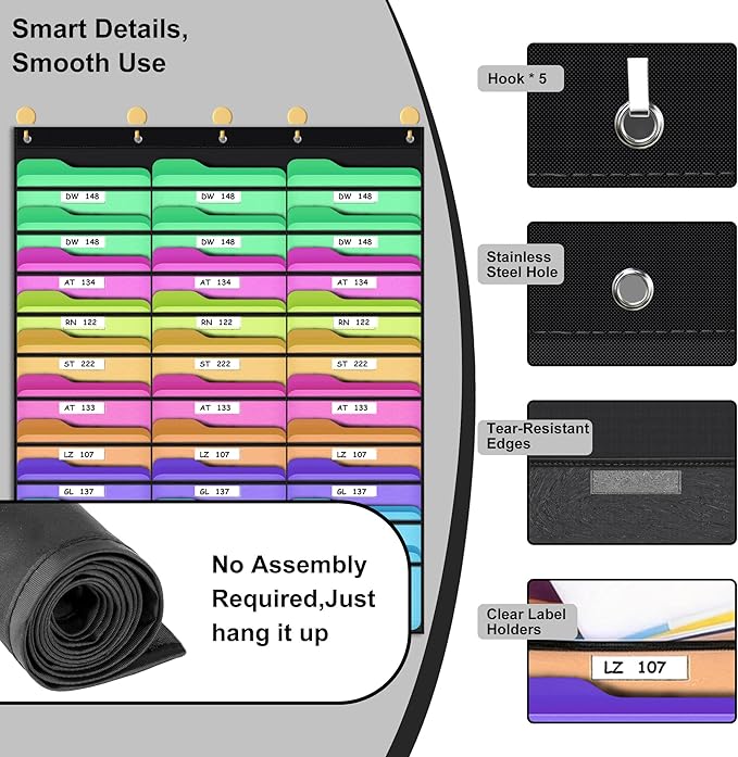 ABCxGOOD 30 Pockets Hanging Wall File Organizer, Transparent Clear Pockets Storage Chart with Over Door Hooks for Office, Classroom & Home, File Folder & Paper Organizer, Includes Labels (30 Pockets)
