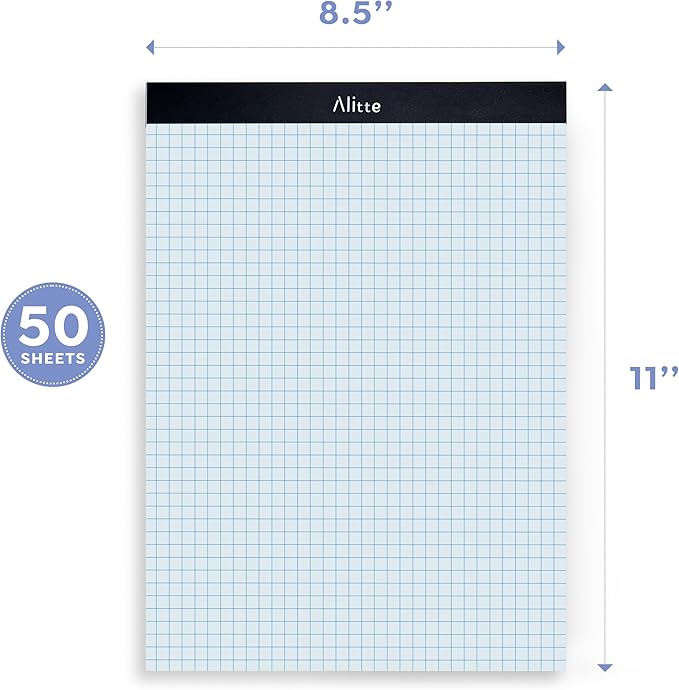 Alitte Graph Paper Pad, Pack of 12, White Letter Size - 4x4 Quad Grid Paper, Easy-Tear Perforations, 8.5 x 11 Cardboard Backing - Graph Notepads for School, Office -50 Sheets per Pad