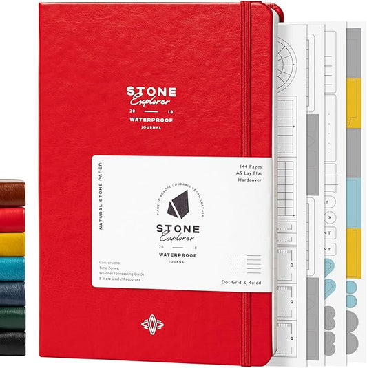 Stone Journal Explorer Notebook – A5 Waterproof Paper Field Journal, Vegan Leather Hardcover, 144 Pages Alternating Ruled & Dot Grid, Back Pocket, Weather-Resistant (Red)