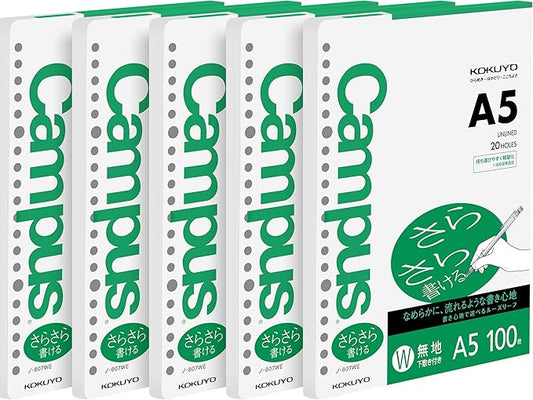 Kokuyo Campus Loose Leaf Paper for Binders, 5 Pack A5 Plain Filler Paper, Blank Sarasara Smooth Writing, 20 Holes, 100 Sheets/Pack, pH Neutral, Bleed Resistant, 75gsm (NO-807WEN)