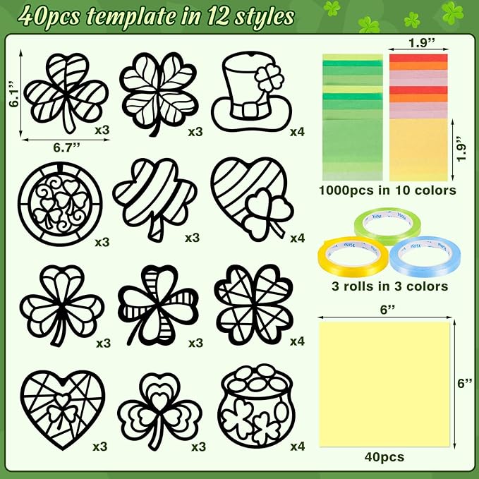 Renbuzhu 40PCS St. Patricks Day Crafts Bulk: Paper Shamrock Suncatchers, Saint Patrick's DIY Kits, Window Stained Glass Effect Art Supplies