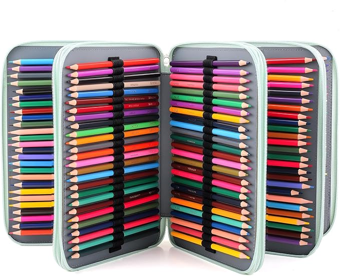 Vomgomfom 200 Slots Pencil Bag, 4-Layer Zipper Portable Art Supply Organizer, PU Leather Large Capacity Colored Pencil Case with Handle for 200 Watercolor Pens, Gel Pens (Green Rose)