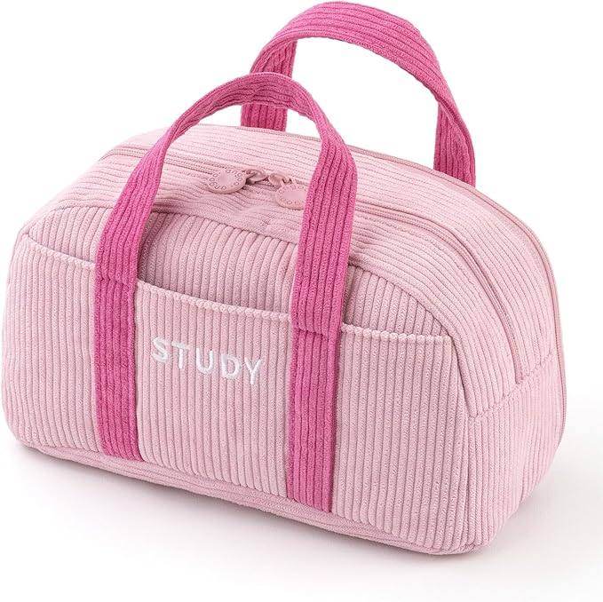 EASTHILL Corduroy Hand-held Pencil Case Large Cute Pencil Pouch Stationery Pen Bag for Teen Girls-Pink