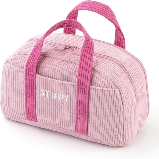 EASTHILL Corduroy Hand-held Pencil Case Large Cute Pencil Pouch Stationery Pen Bag for Teen Girls-Pink