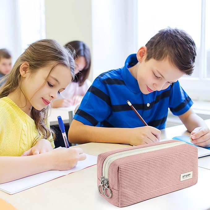 KALIDI Large Pencil Case Corduroy Pencil Pouch Box Cute School Supplies for Teen Girls Boys, Dusky Pink