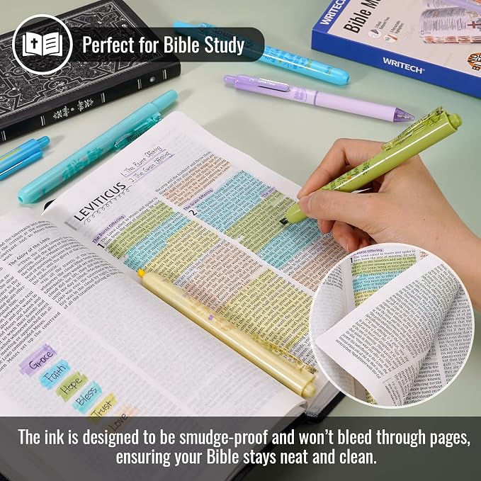 WRITECH Bible Mate Journaling Set: Highlighters & 0.7mm Ballpoint Pens 9ct | No Bleed Bible-Safe Highlighters + Black Ballpoint Pens Pastel Colors Quick Dry Ink Teachers Nurses Office