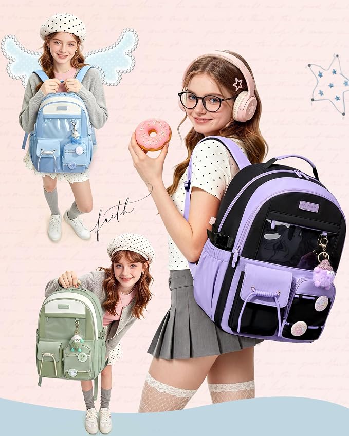 LOVEVOOK School Backpack for Girls Ages 8-16，Cute Student Bookbag for Teen Girls Kids Back to School with Cup Holder, DIY Ita Bag Fit 15.6 Inch Laptop for Elementary & Middle School