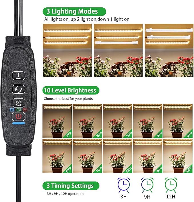 RWNTAO 3 Head 7.8 Inches LED Grow Light Strips, Grow Lamps for Indoor Plants Full Spectrum 3000K, 72 LEDs Plant Light Strips with 3/9/12H Timer, 10 Dimmable Levels for Seedling Succulent