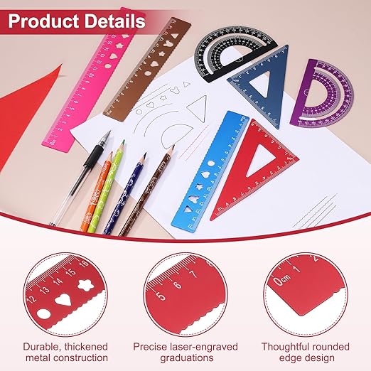 PATIKIL 4 Pcs Geometry Drafting Tool, Aluminum Alloy Geometry Kit Math Tool Includes 20cm L Ruler Protractor Triangles for Drafting Angle Measure Simple Science Experiment, Red
