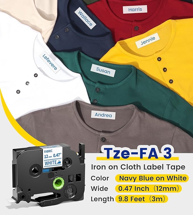 TZe-FA3 Fabric Iron-on Label Tape Compatible with Brother P Touch Fabric Clothing Name Tape TZeFA3 12mm 0.47'' for PT-D210 PT-D400 PT-H100 PT-D200 PT-D600 Label Makers Navy Blue on White,4 pk